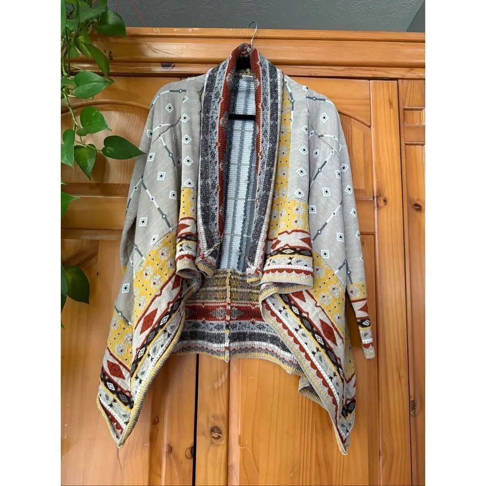 “Freeway Southwestern Boho Open Front Knit Cardigan – Beige Yellow Rustic SZ Sma